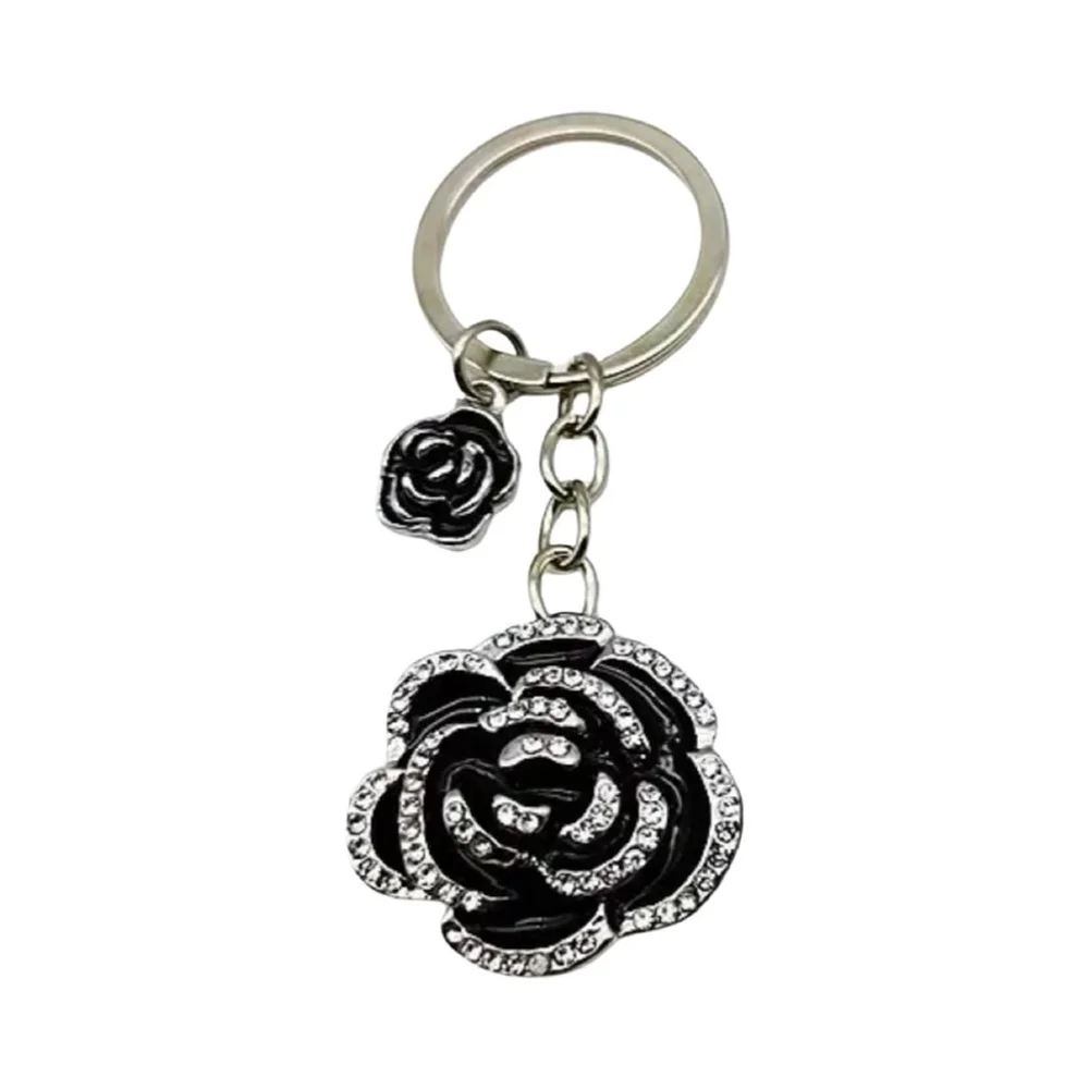 NEW Black Camellia Rhinestone Bag Charm Keychain Silver Tone NWT